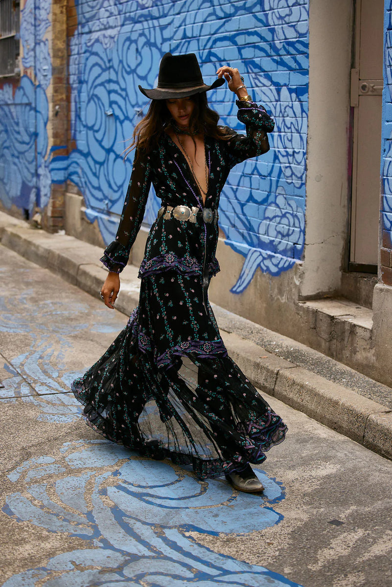 Dream On Ruffle Silk/Cotton Maxi Dress - Black Indian print - Chasing Unicorns