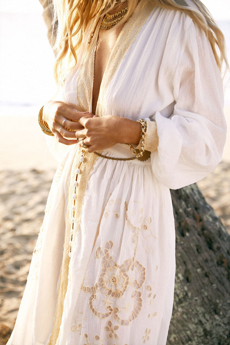 Enter The Dreamland Embroidered Duster Dress- White - Chasing Unicorns