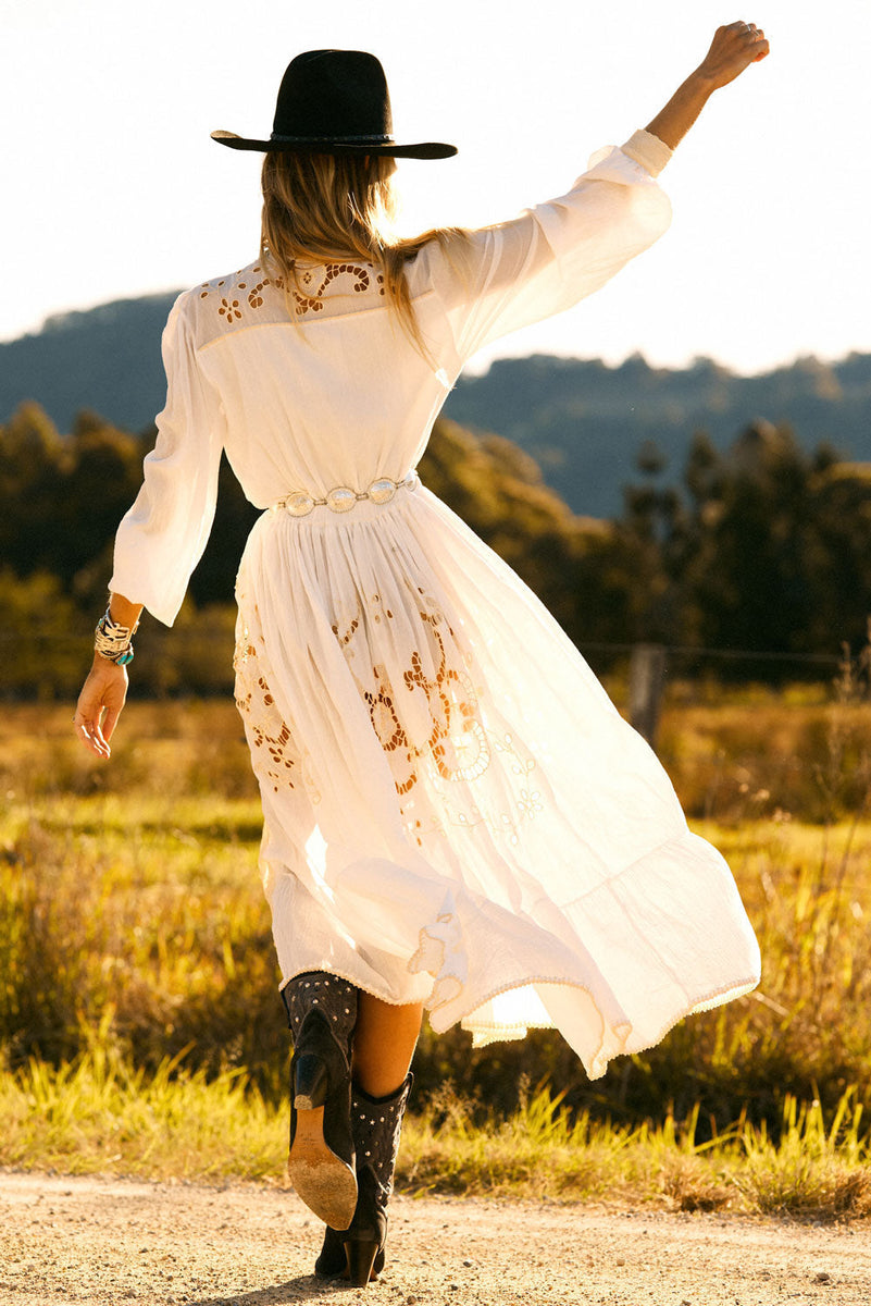 Enter The Dreamland Embroidered Duster Dress- White - Chasing Unicorns