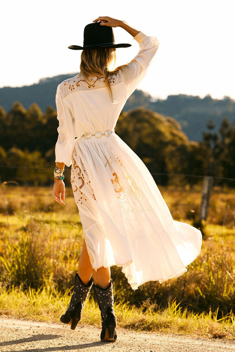Enter The Dreamland Embroidered Duster Dress- White - Chasing Unicorns