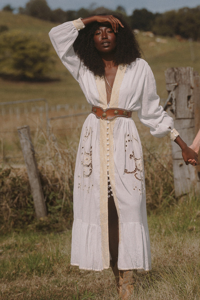 Enter The Dreamland Embroidered Duster Dress- White - Chasing Unicorns