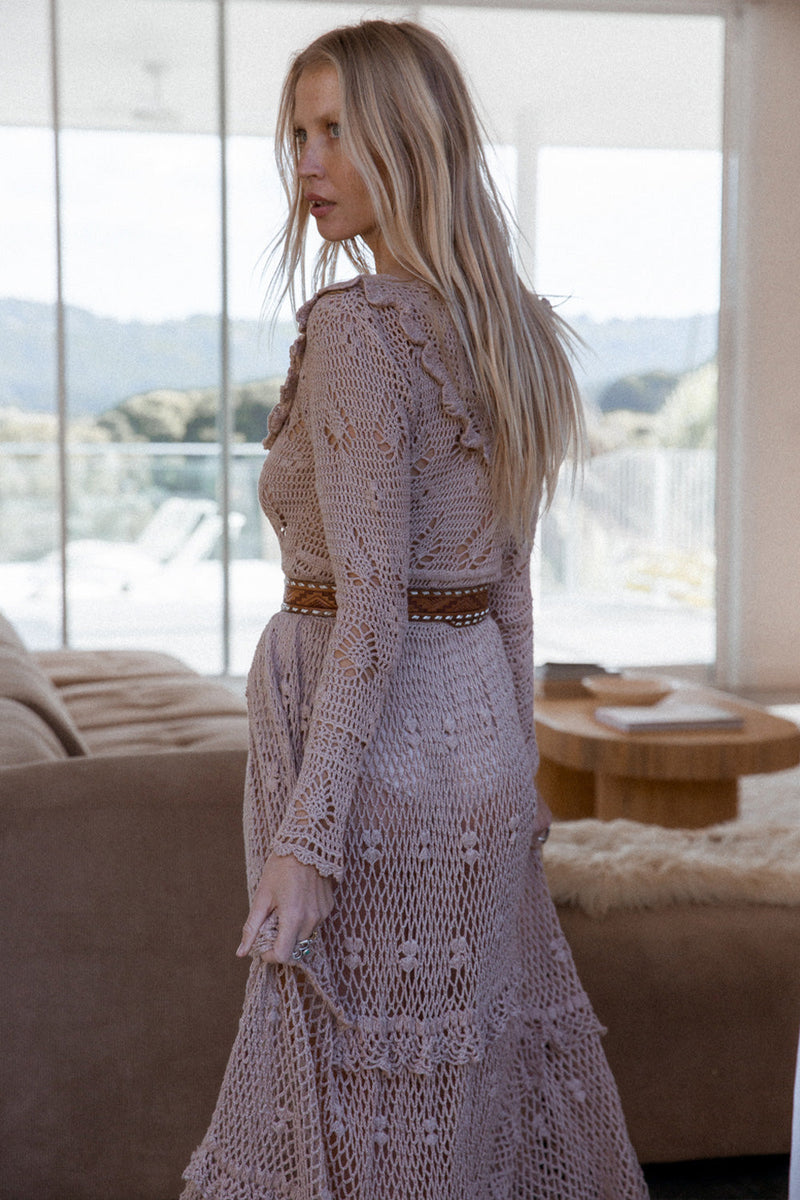 Fire On The Mountain Crochet Ruffle Maxi Dress - Latte - Chasing Unicorns