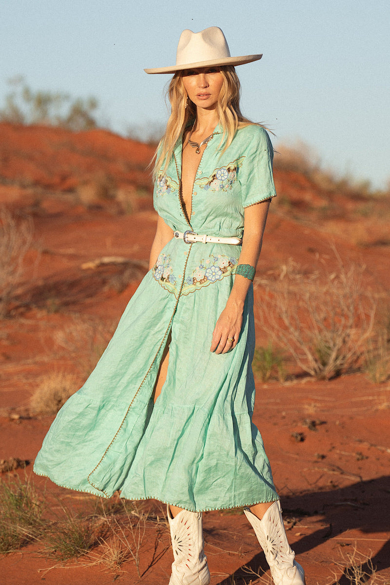Flowers On The Wall Embroidered Midi Dress - Green Lagoon - Chasing Unicorns
