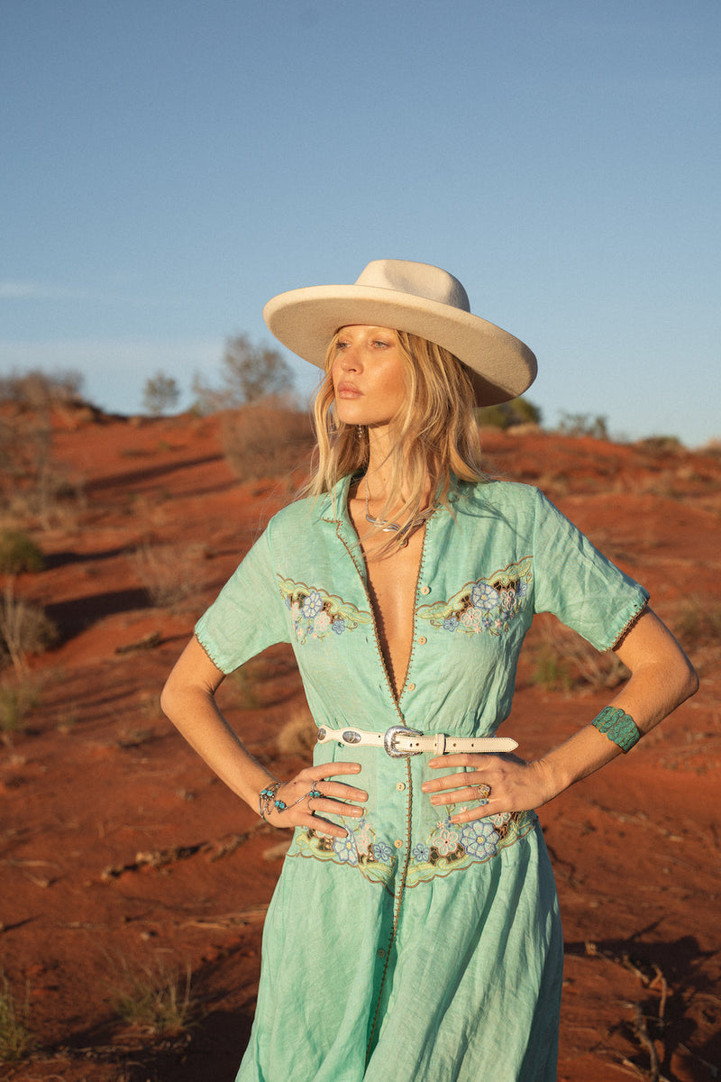 Flowers On The Wall Embroidered Midi Dress - Green Lagoon - Chasing Unicorns