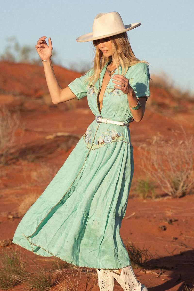 Flowers On The Wall Embroidered Midi Dress - Green Lagoon - Chasing Unicorns
