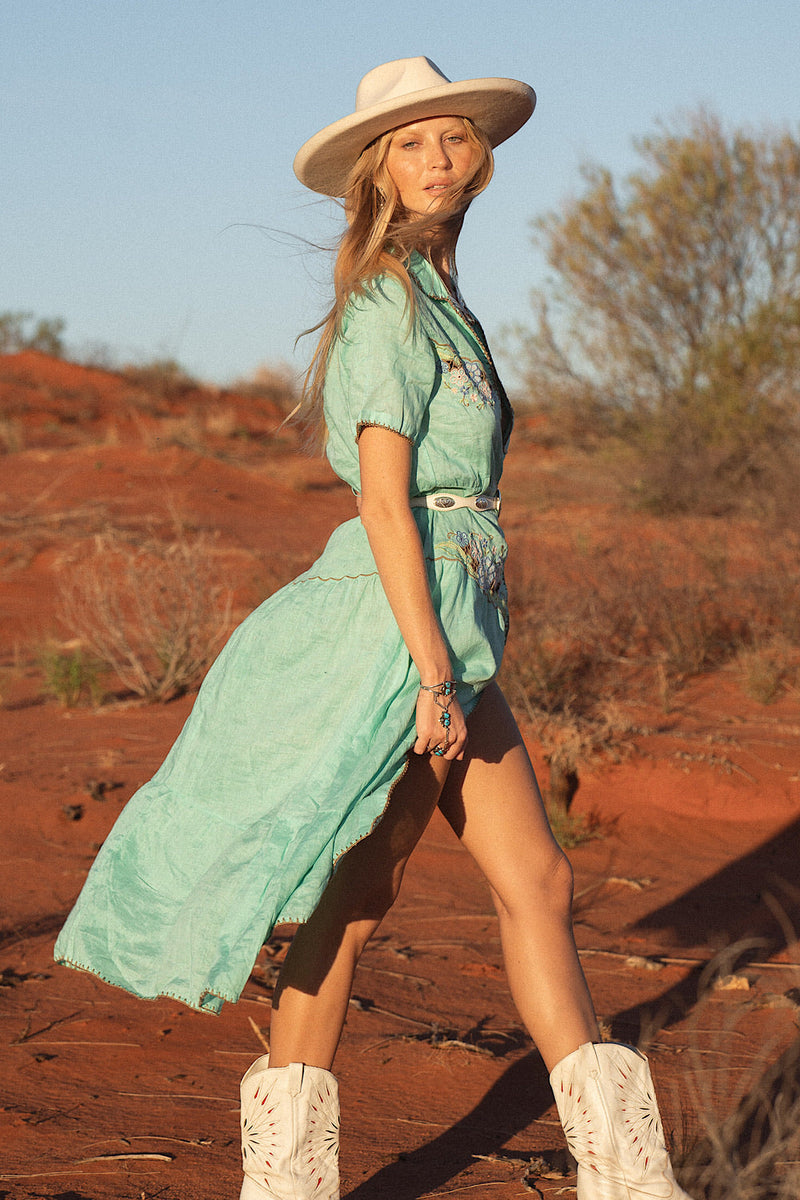 Flowers On The Wall Embroidered Midi Dress - Green Lagoon - Chasing Unicorns