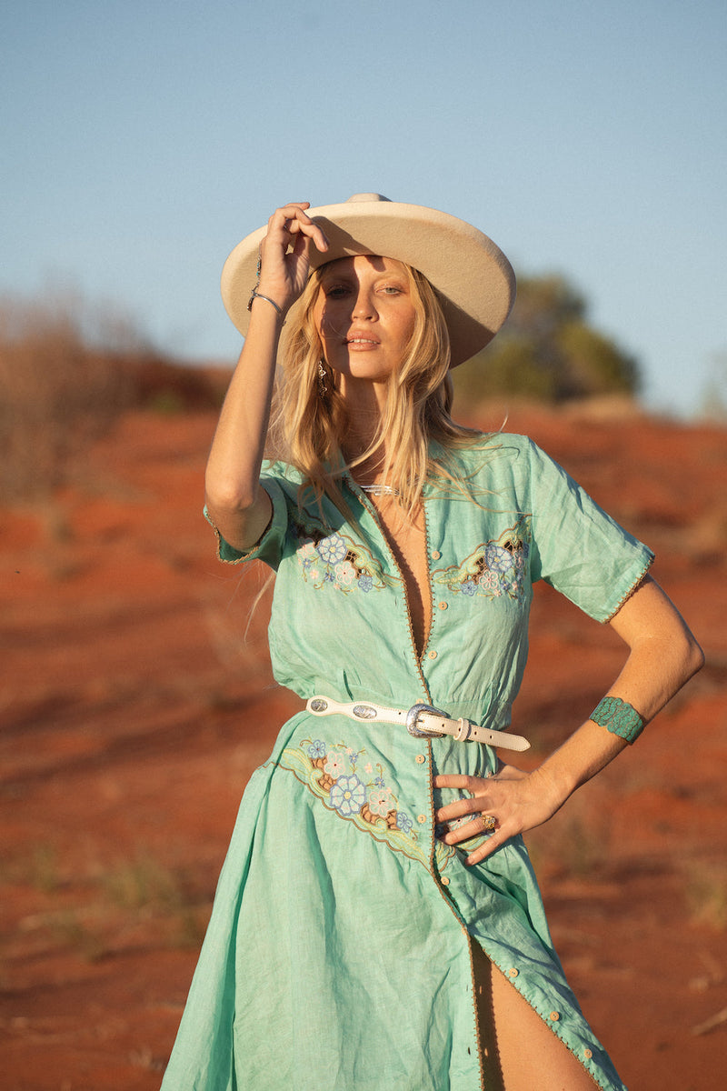 Flowers On The Wall Embroidered Midi Dress - Green Lagoon - Chasing Unicorns