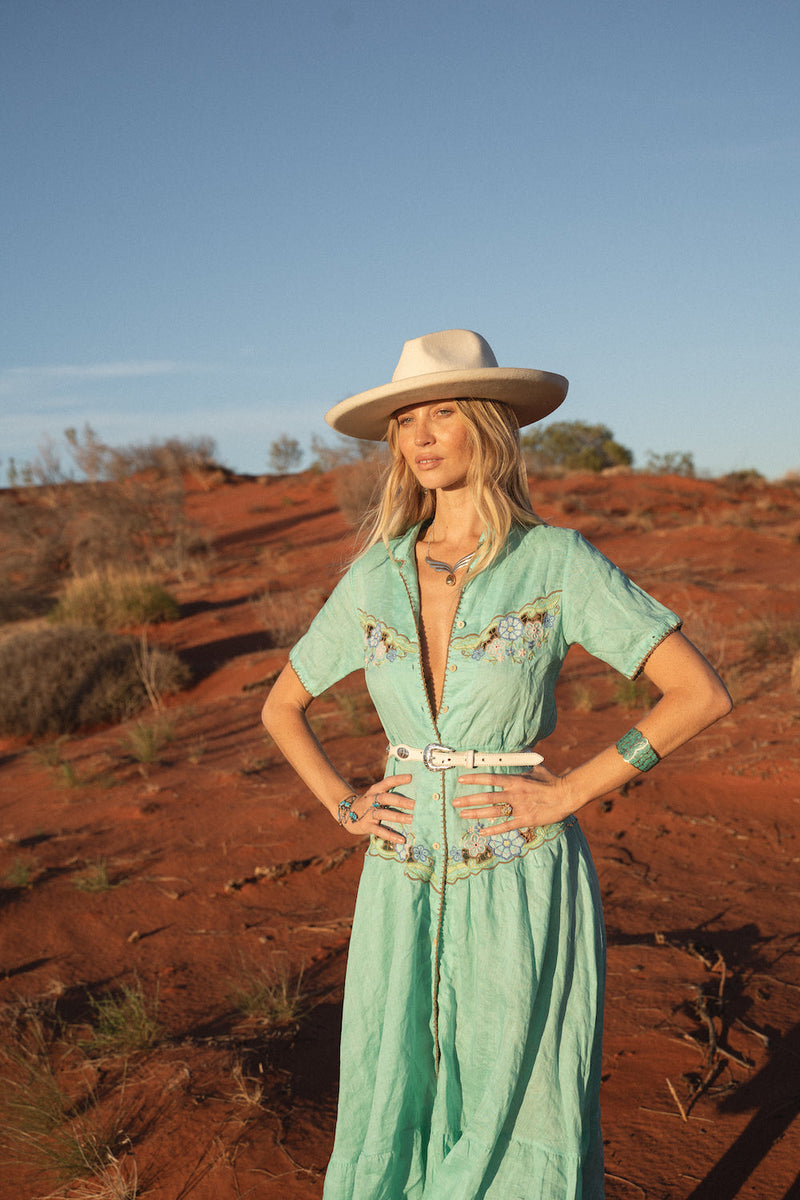 Flowers On The Wall Embroidered Midi Dress - Green Lagoon - Chasing Unicorns