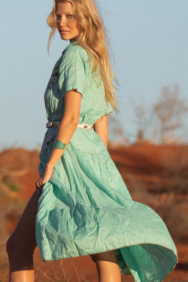 Flowers On The Wall Embroidered Midi Dress - Green Lagoon - Chasing Unicorns