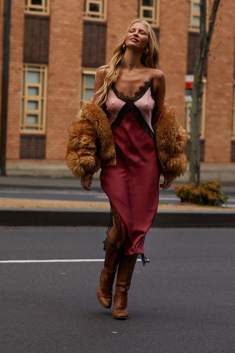 Friend Of The Devil Backless Silk + Lace Maxi Slip Dress - Berry - Chasing Unicorns