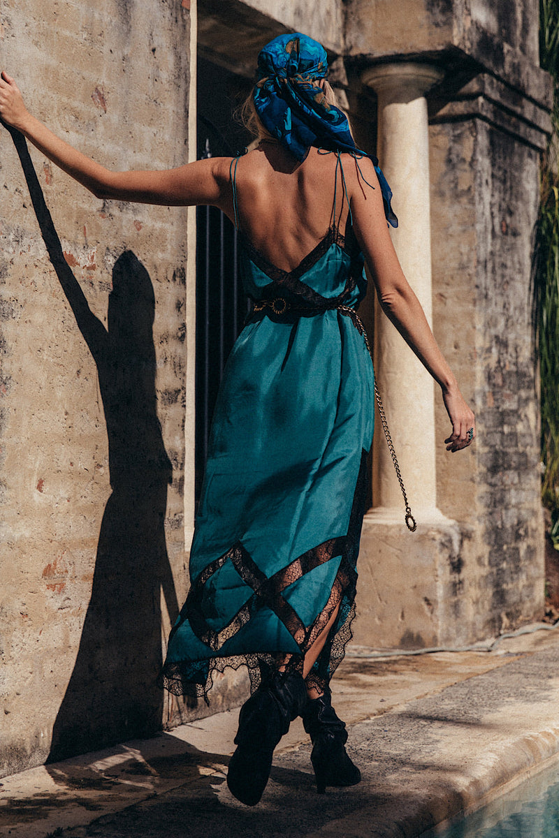 Going To California Silk + Lace Insert Maxi Slip Dress - Storm - Chasing Unicorns