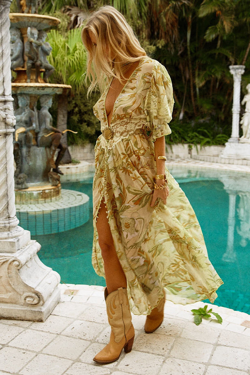 Hello, Goodbye Silk + Lace Duster Maxi Dress - 60S Leaf - Chasing Unicorns