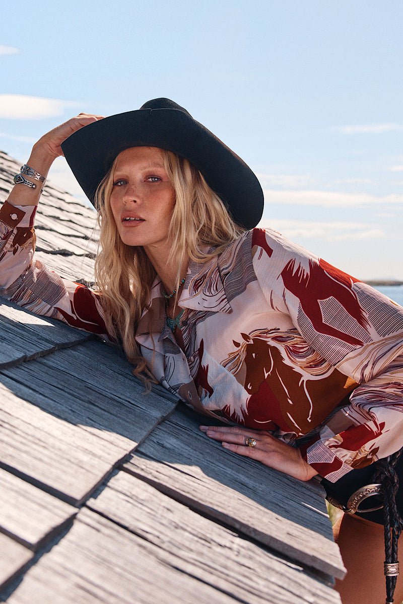 Horse In My Dreams Silk Crepe 70S Collar Blouse - Chasing Unicorns