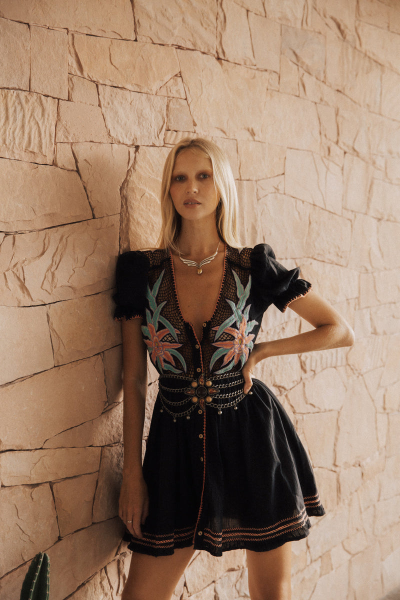 Hungry Heart Cutwork Embroidered Mini Dress - Tropical Night - Chasing Unicorns