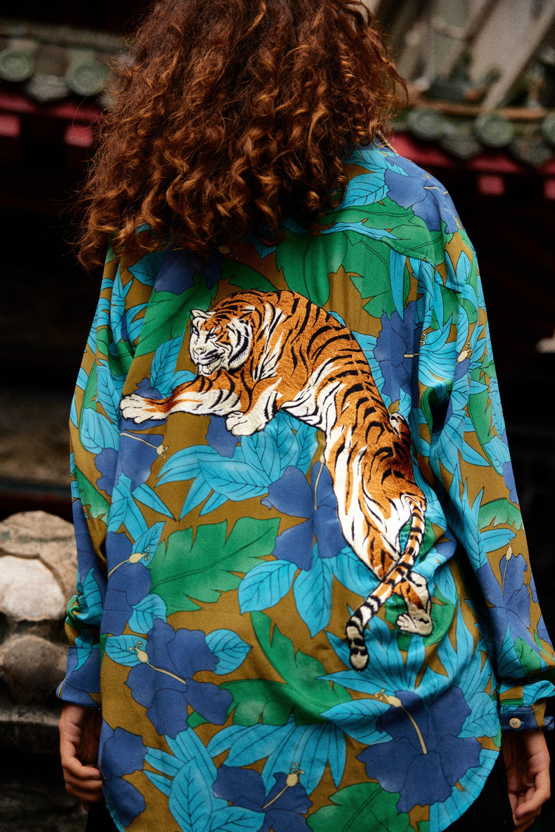 Jungle Fever Silk Crepe Embroidered Long Sleeve Unisex Shirt - Chasing Unicorns