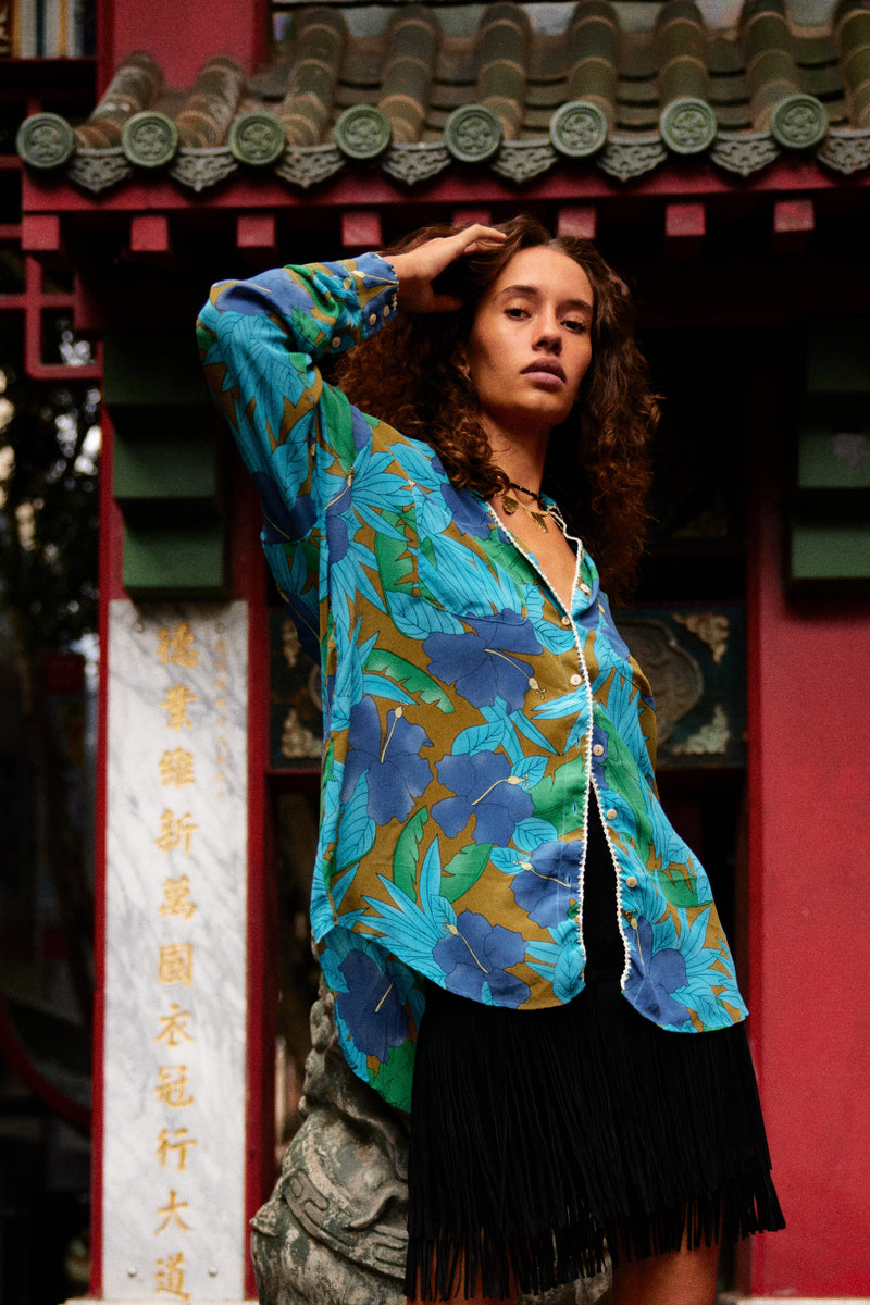 Jungle Fever Silk Crepe Embroidered Long Sleeve Unisex Shirt - Chasing Unicorns