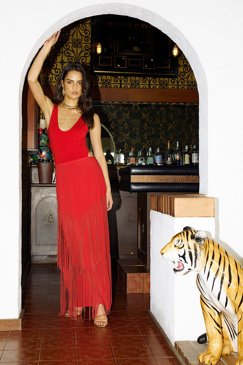 Libertango Cotton Jersey, Cotton Gauze + Fringe Maxi Dress - Scarlet - Chasing Unicorns