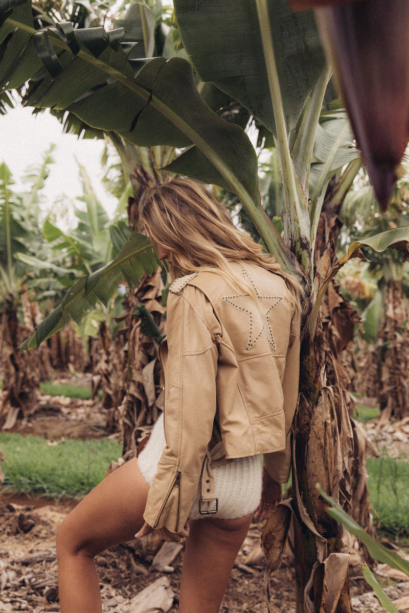 Lone Star Leather Biker Jacket - Beige - Chasing Unicorns