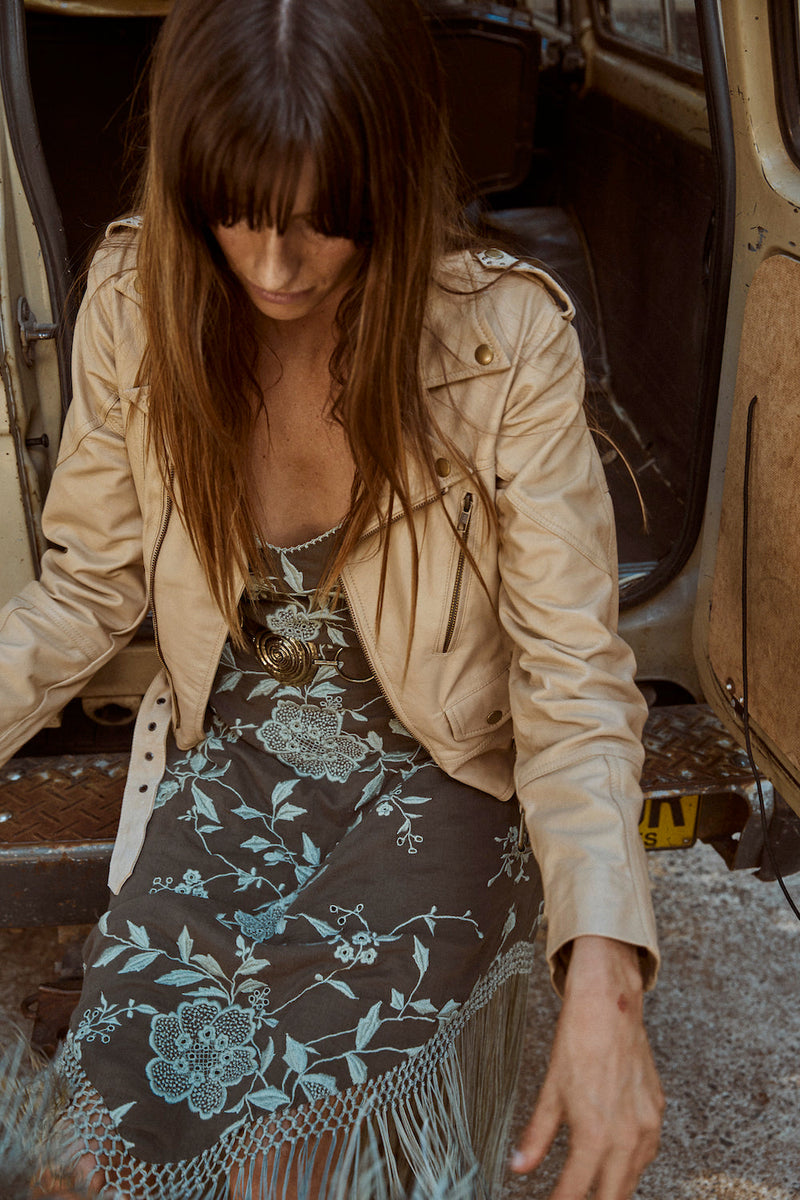 Lone Star Leather Biker Jacket - Beige - Chasing Unicorns