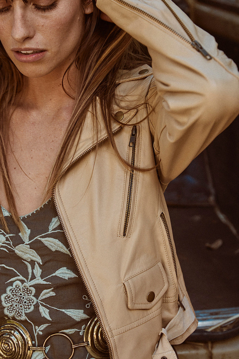 Lone Star Leather Biker Jacket - Beige - Chasing Unicorns