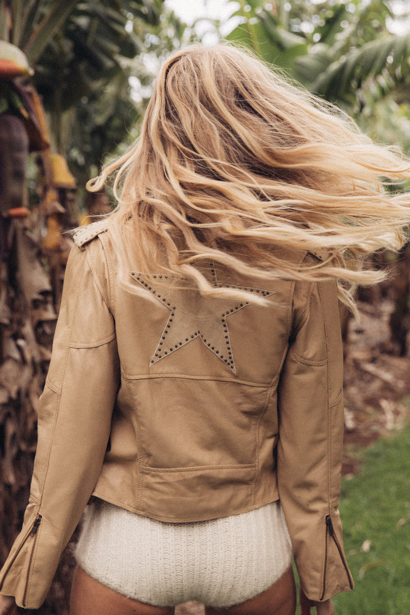 Lone Star Leather Biker Jacket - Beige - Chasing Unicorns