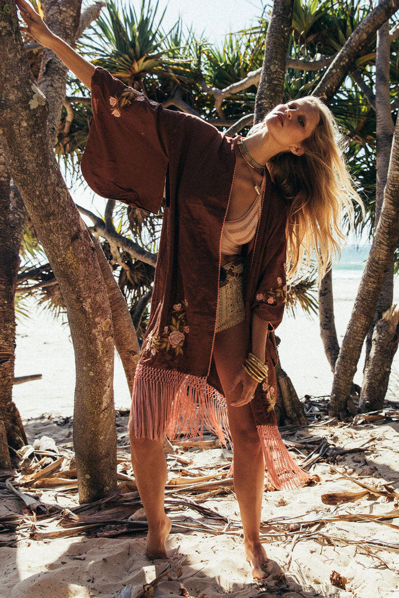Love The One You’Re With Silk Fringe Kimono - Copper - Chasing Unicorns