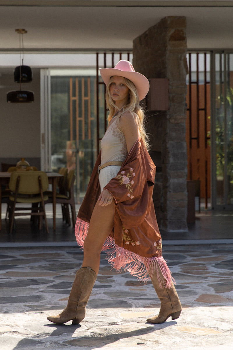 Love The One You’Re With Silk Fringe Kimono - Copper - Chasing Unicorns