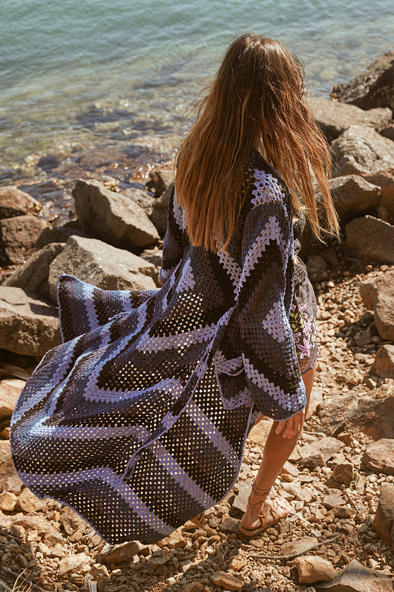 Magic Carpet Ride Crochet Coat Long - Midnight Blue - Chasing Unicorns