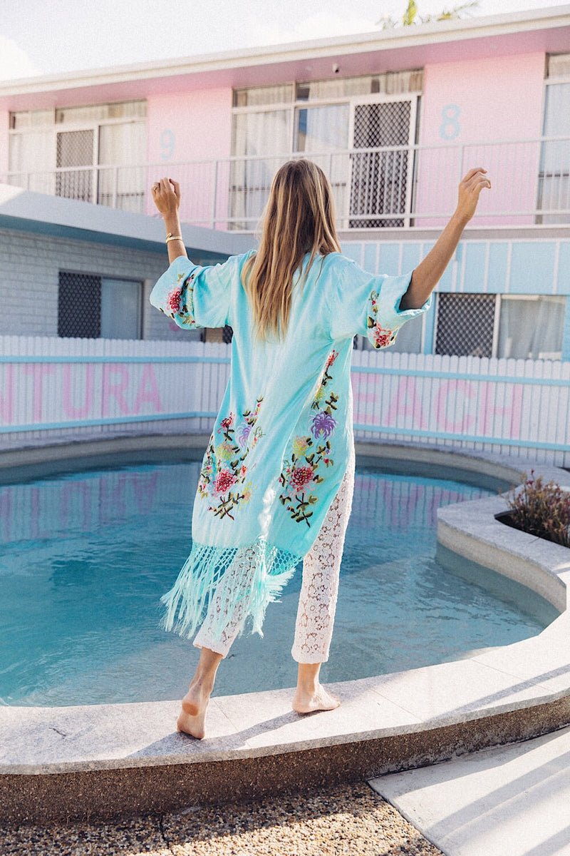 Mystery Dance Silk Kimono - Turquoise - Chasing Unicorns