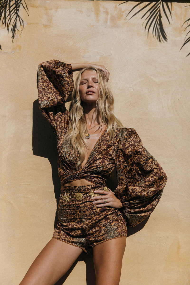 Nighthawk Wrap Blouse Silk Satin - Baroque Paisley - Chasing Unicorns