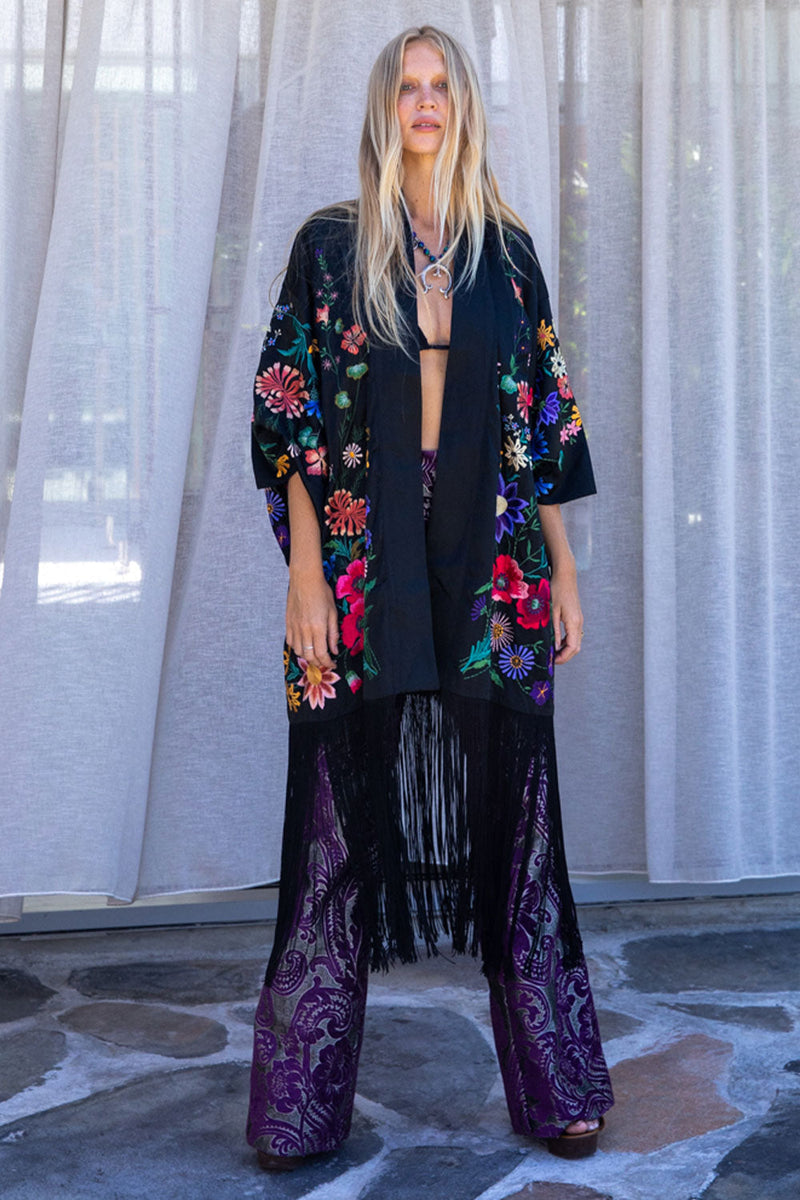 Nightingale Silk, Embroidered And Fringe Kimono - Chasing Unicorns