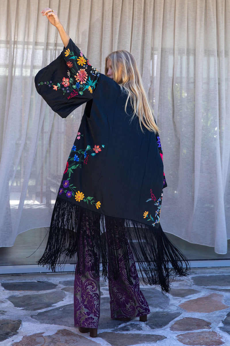Nightingale Silk, Embroidered And Fringe Kimono - Chasing Unicorns