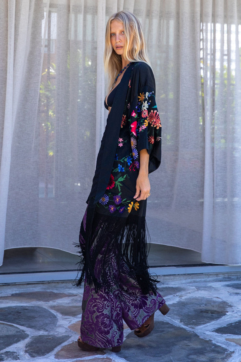 Nightingale Silk, Embroidered And Fringe Kimono - Chasing Unicorns