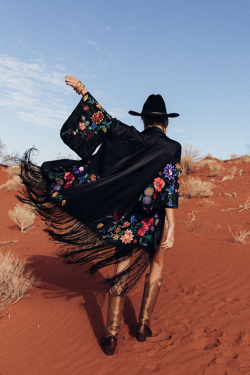Nightingale Silk, Embroidered And Fringe Kimono - Chasing Unicorns
