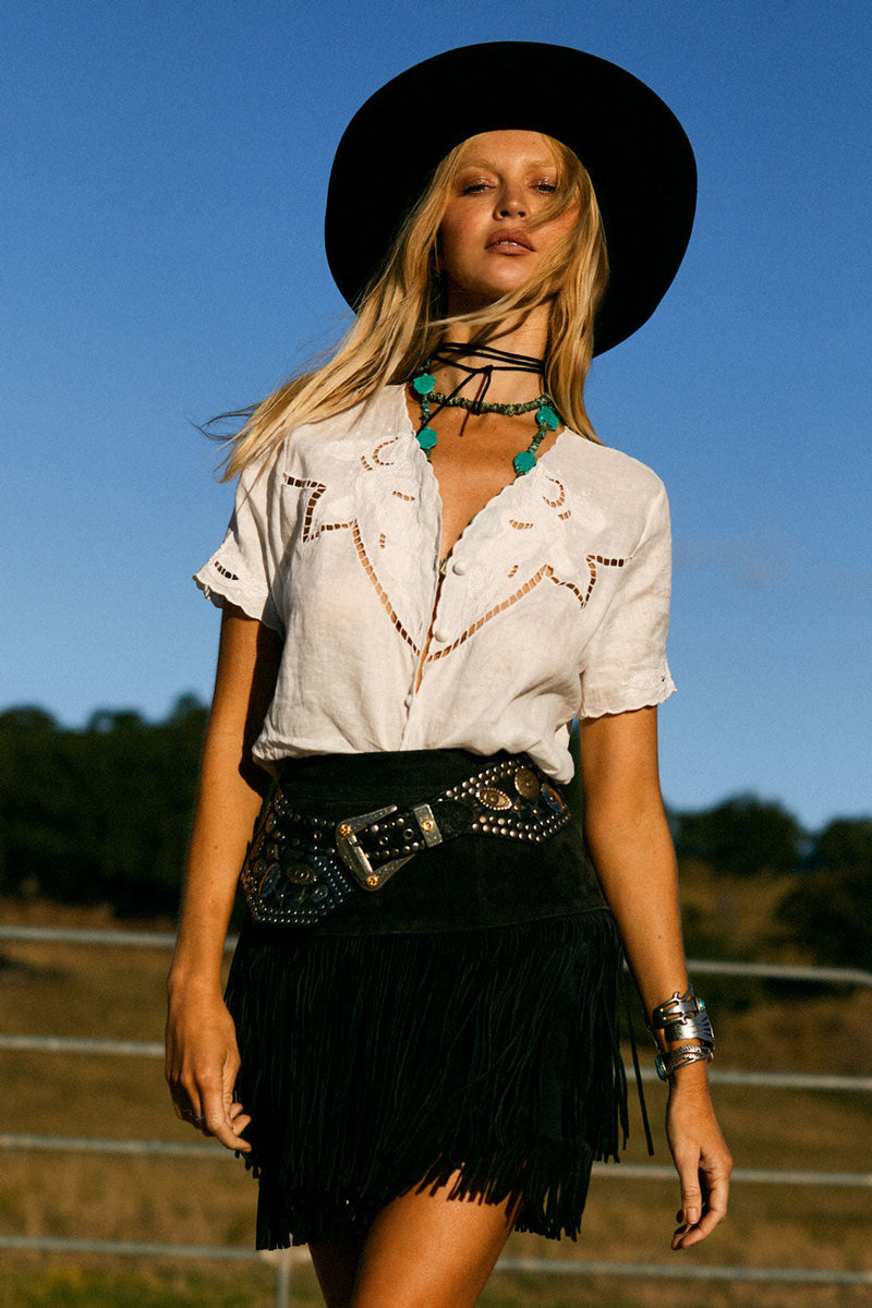 Not Alone Any More Linen Cutwork Blouse - Chasing Unicorns