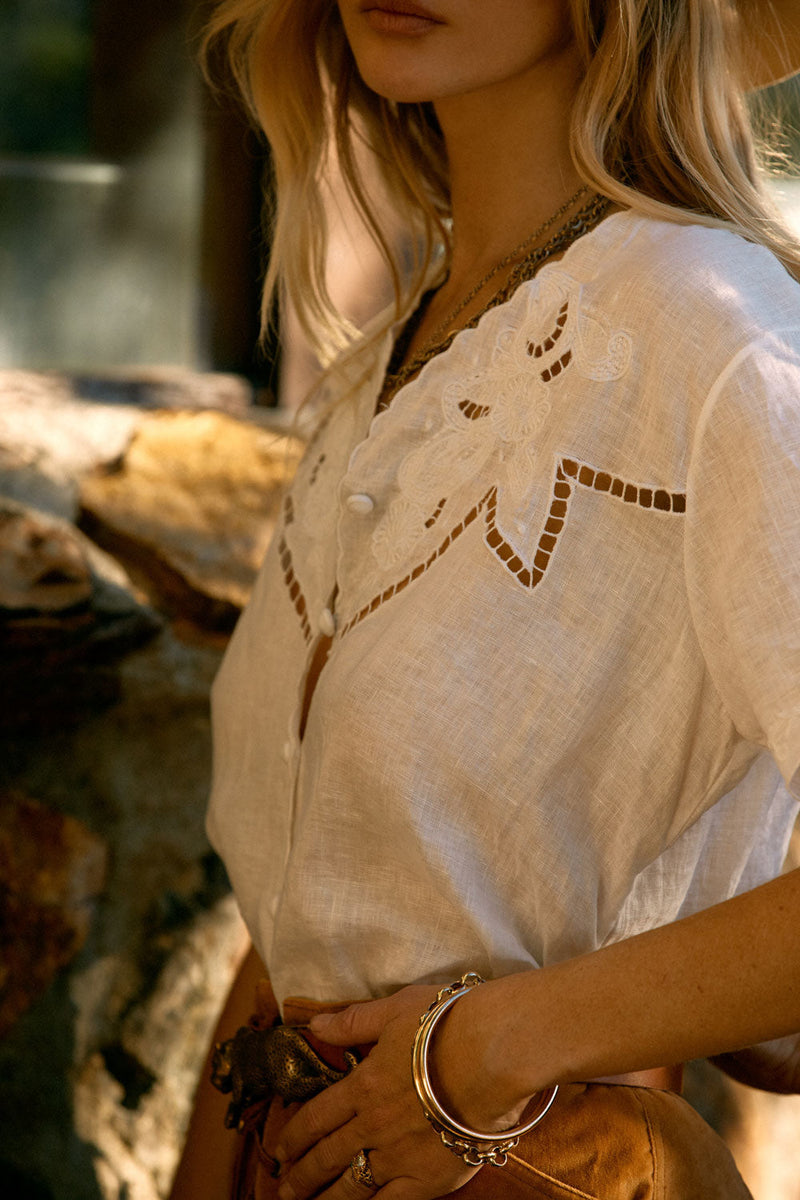 Not Alone Any More Linen Cutwork Blouse - Chasing Unicorns