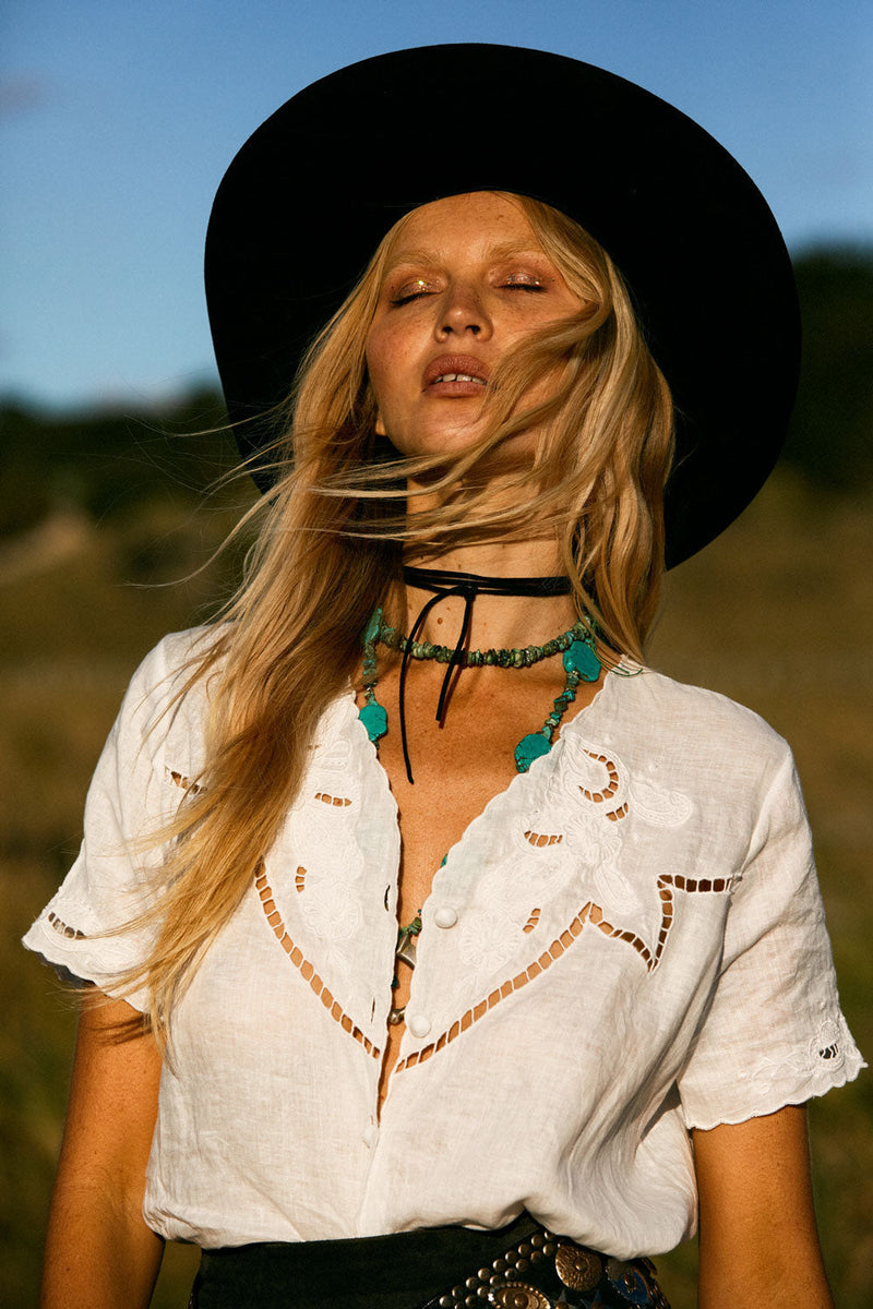 Not Alone Any More Linen Cutwork Blouse - Chasing Unicorns