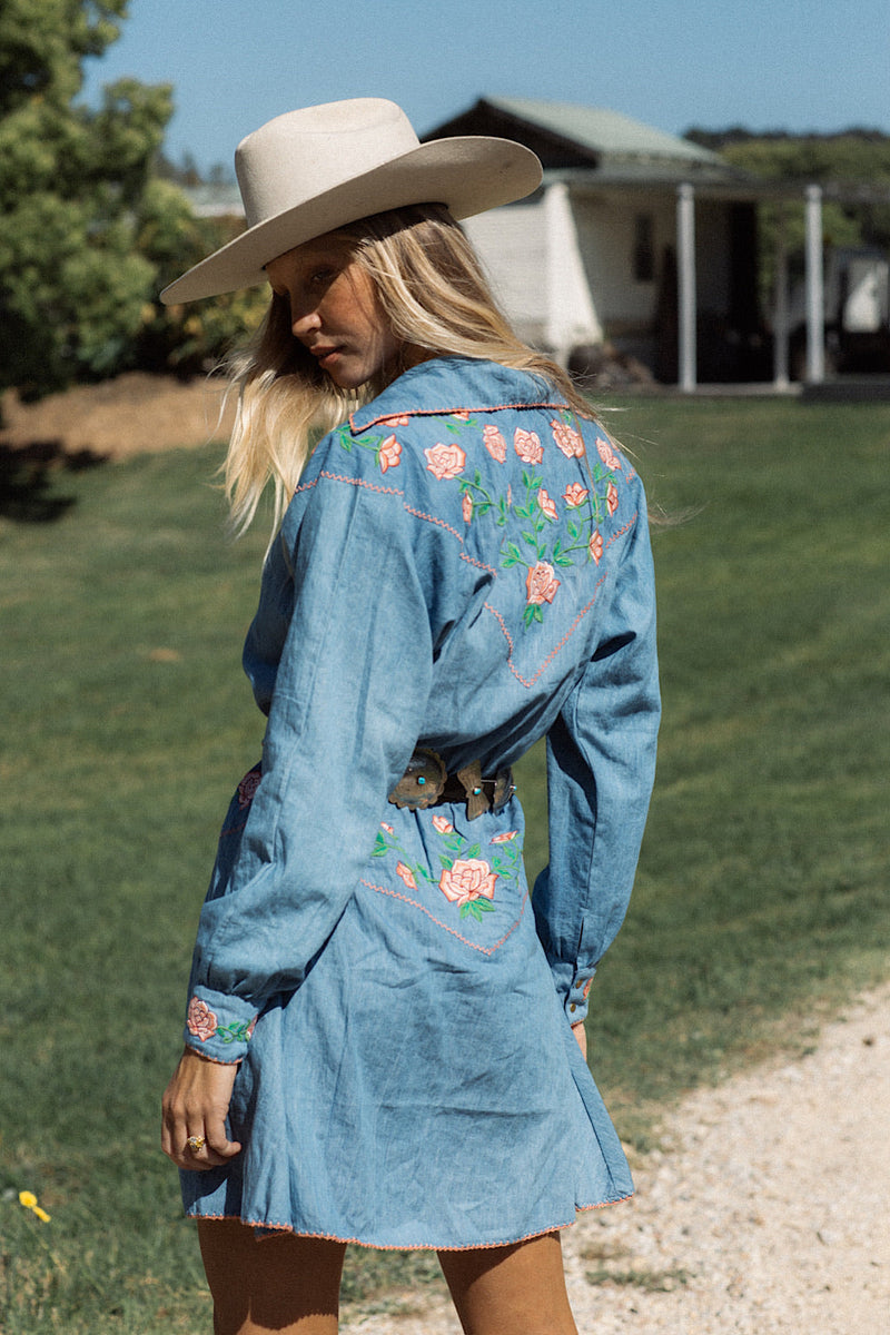 On The Road Again Chambray Embroidered Mini Dress - Chasing Unicorns
