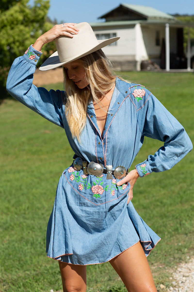 On The Road Again Chambray Embroidered Mini Dress - Chasing Unicorns