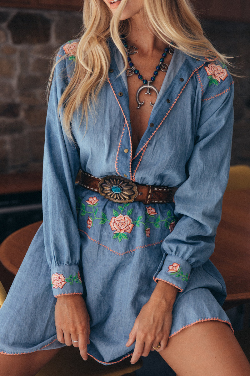 On The Road Again Chambray Embroidered Mini Dress - Chasing Unicorns
