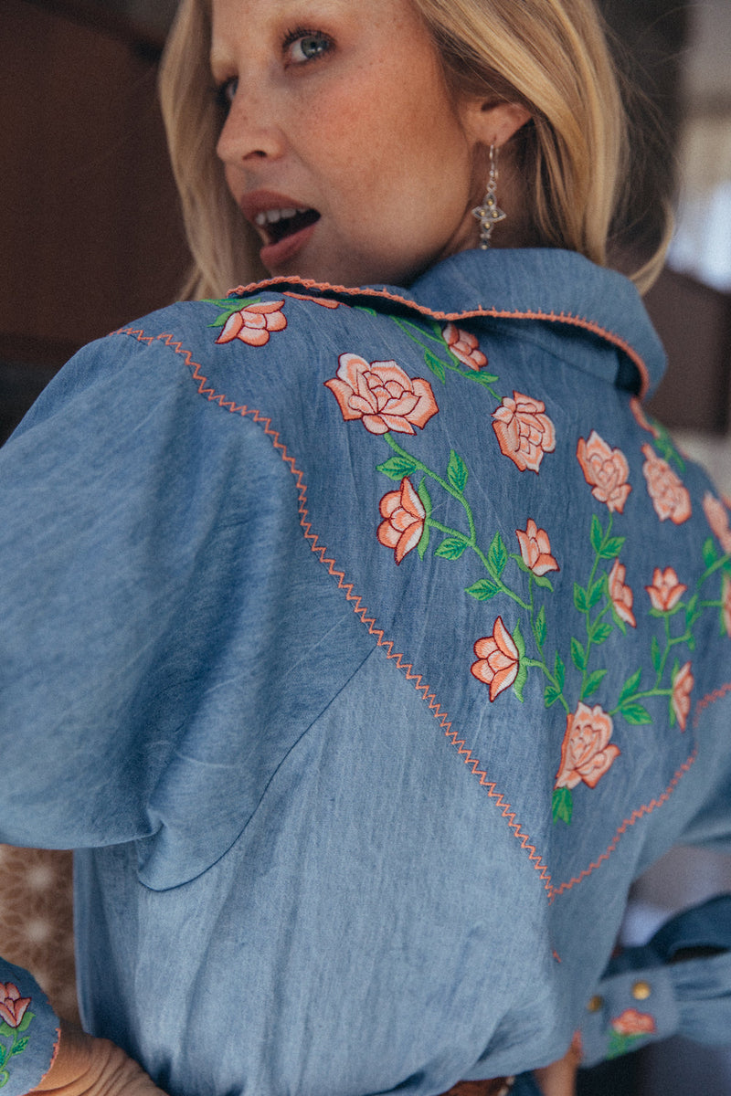 On The Road Again Chambray Embroidered Mini Dress - Chasing Unicorns