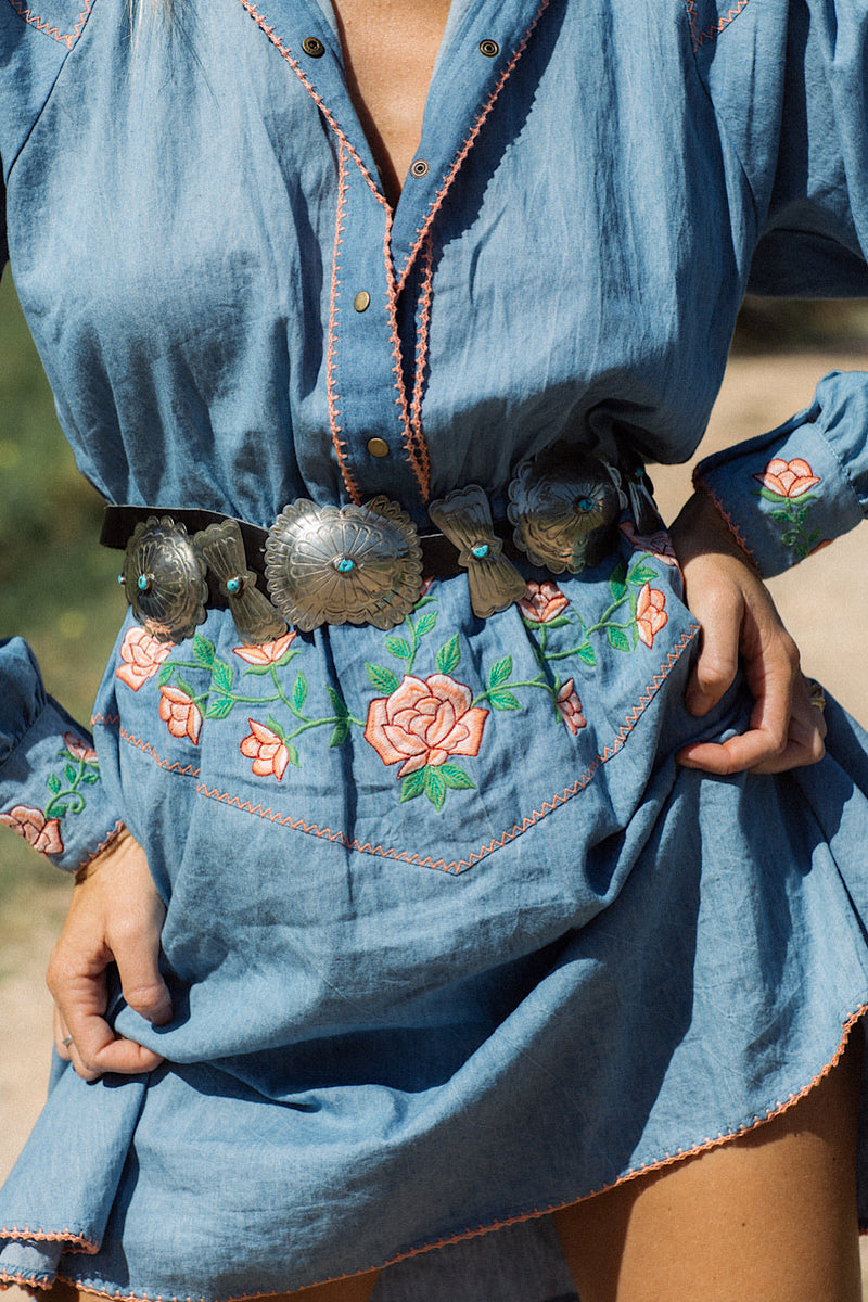 On The Road Again Chambray Embroidered Mini Dress - Chasing Unicorns