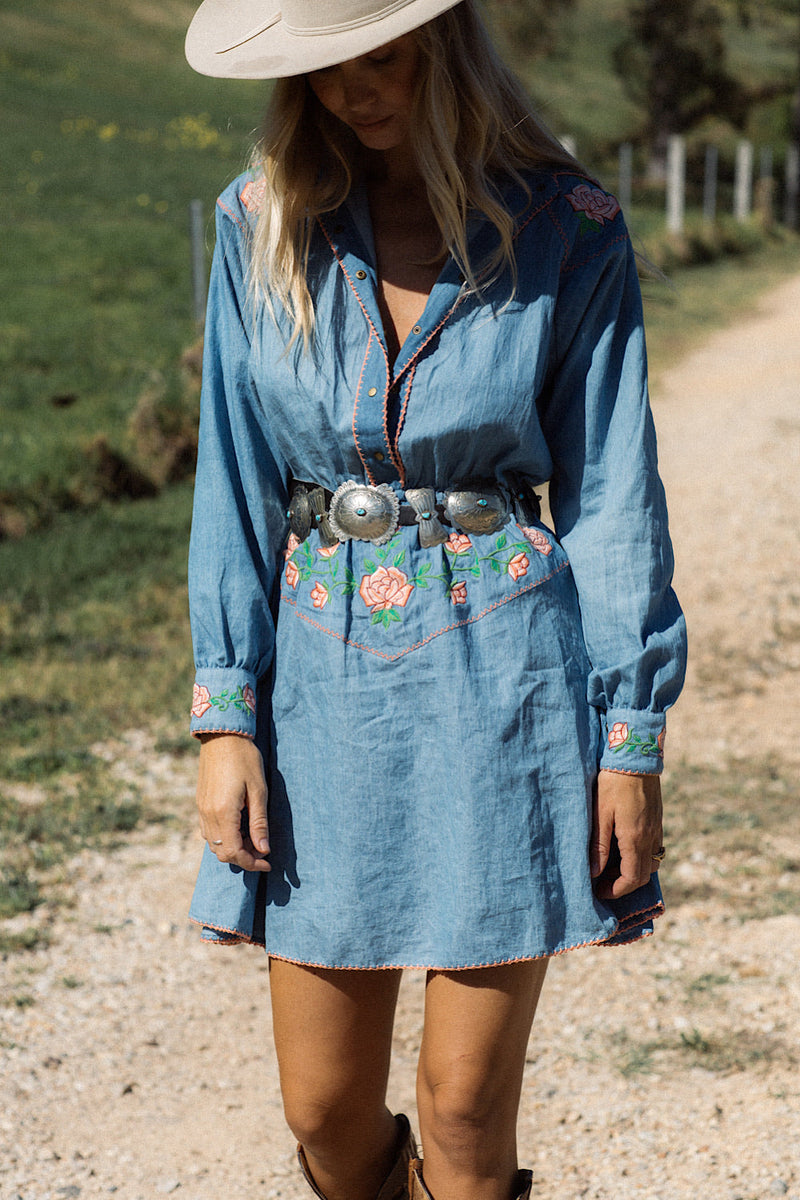 On The Road Again Chambray Embroidered Mini Dress - Chasing Unicorns
