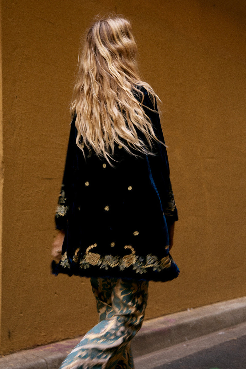 Proud Mary Silk Velvet And Embroidered Short Housecoat - Midnight - Chasing Unicorns