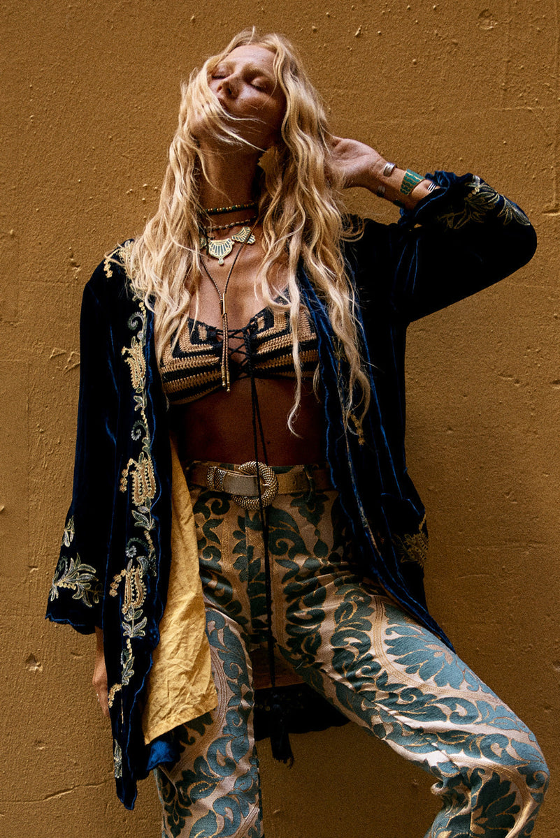 Proud Mary Silk Velvet And Embroidered Short Housecoat - Midnight - Chasing Unicorns