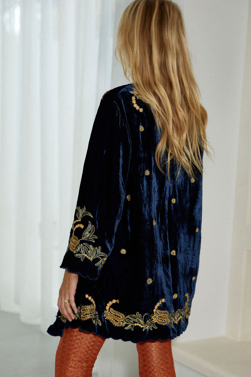 Proud Mary Silk Velvet And Embroidered Short Housecoat - Midnight - Chasing Unicorns