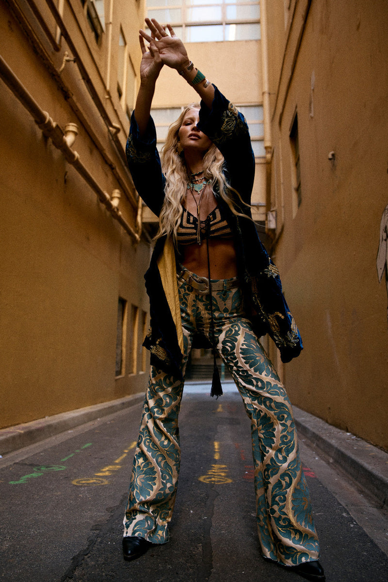 Proud Mary Silk Velvet And Embroidered Short Housecoat - Midnight - Chasing Unicorns