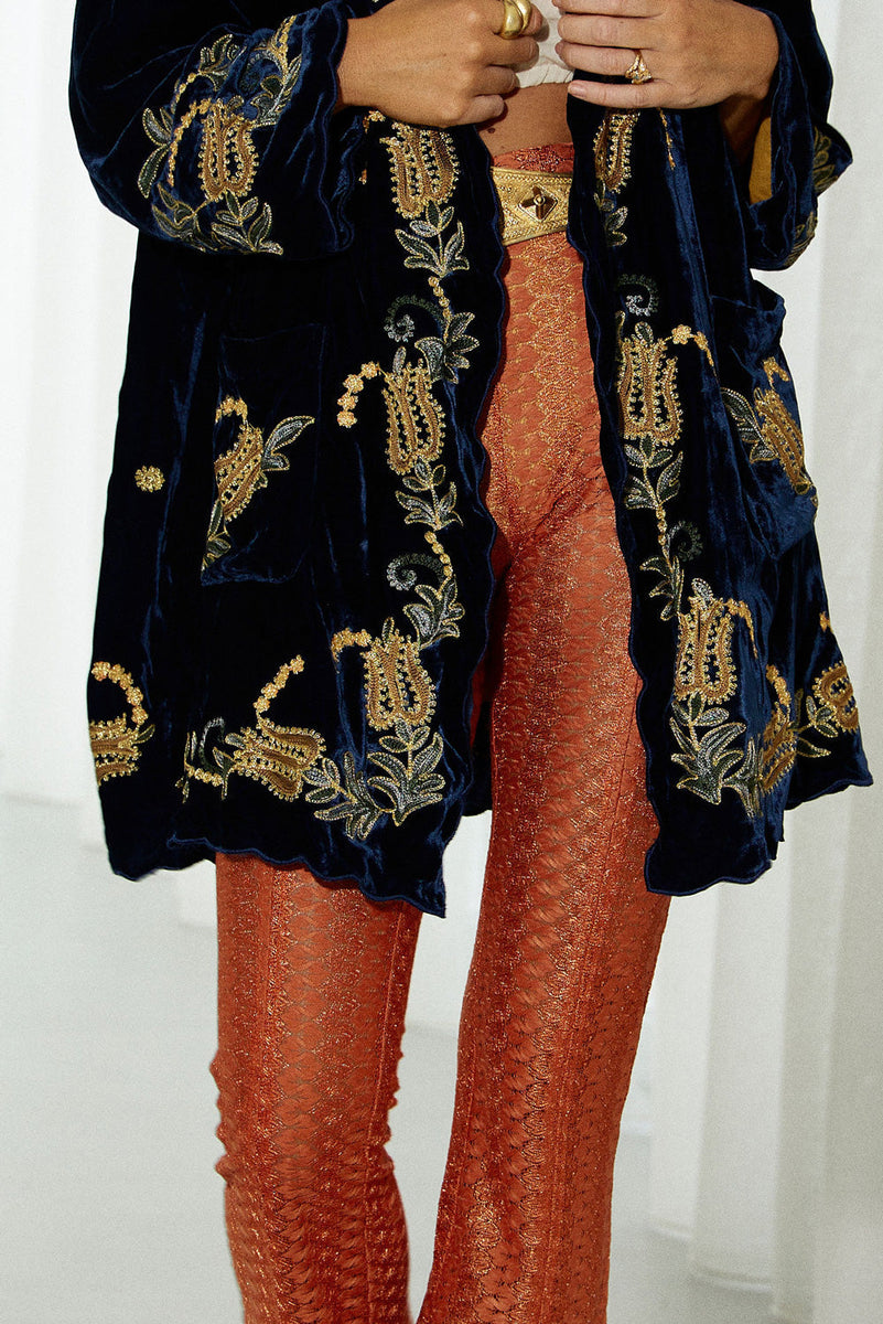 Proud Mary Silk Velvet And Embroidered Short Housecoat - Midnight - Chasing Unicorns