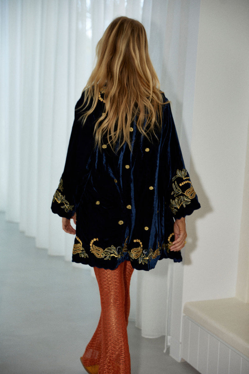 Proud Mary Silk Velvet And Embroidered Short Housecoat - Midnight - Chasing Unicorns