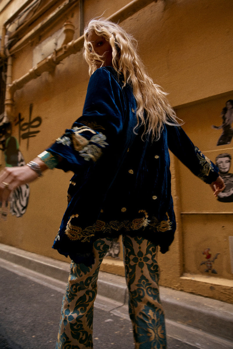 Proud Mary Silk Velvet And Embroidered Short Housecoat - Midnight - Chasing Unicorns